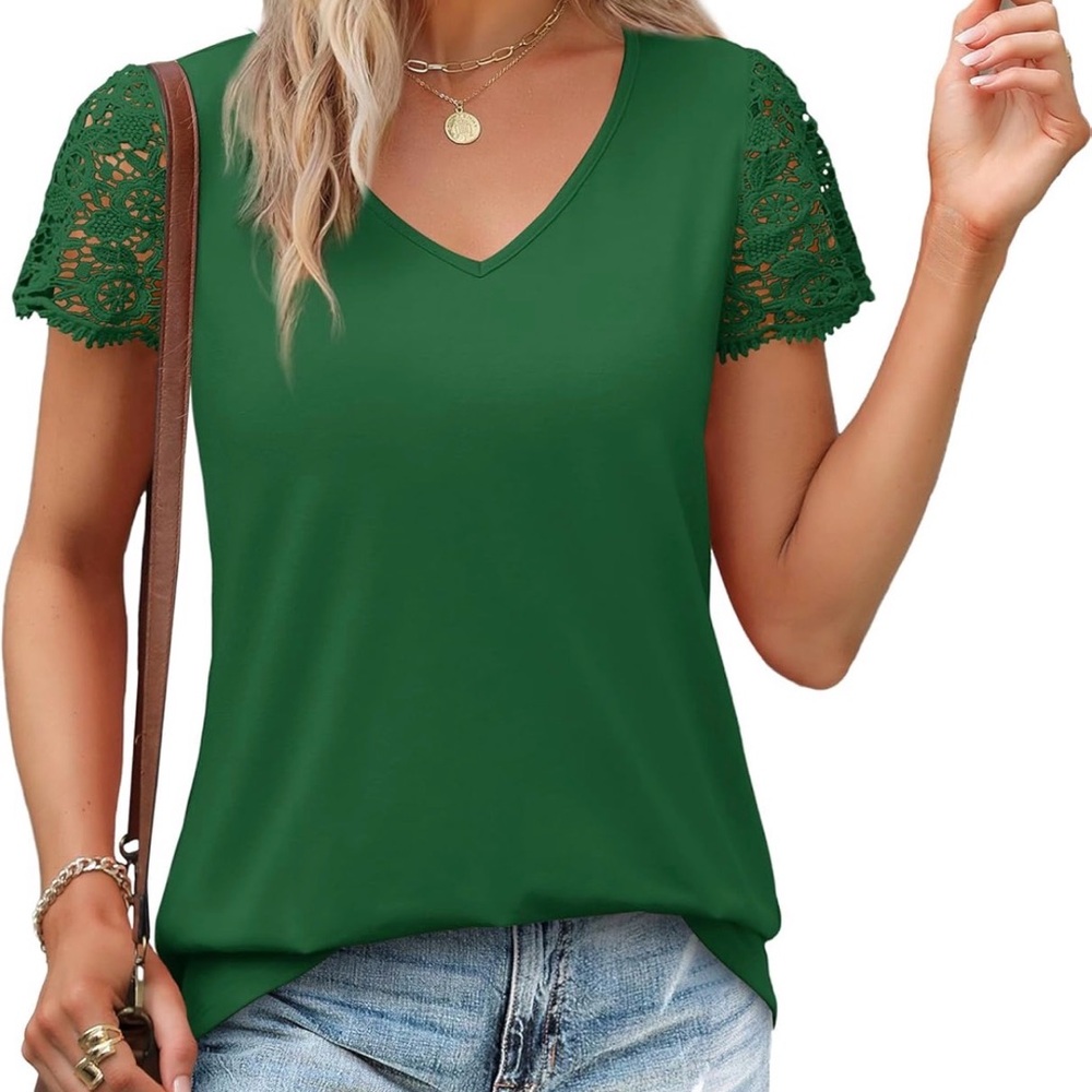 Amazon Women's Green Short Sleeve Lace Top